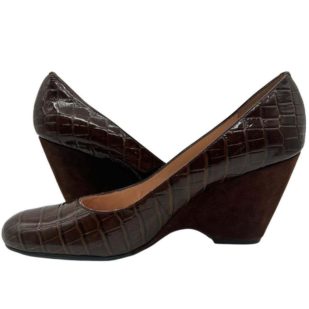 Franco Sarto Croc Embossed Patent Leather Wedge Pumps Size 9 Brown Office Fall - Picture 7 of 8